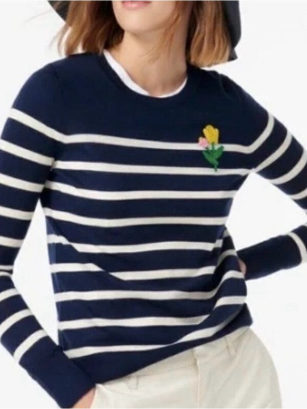 J.Crew Striped Merino Sweater in Blue & White, Flower Applique Size Large